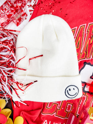Cream Embroidered Smiley Beanie