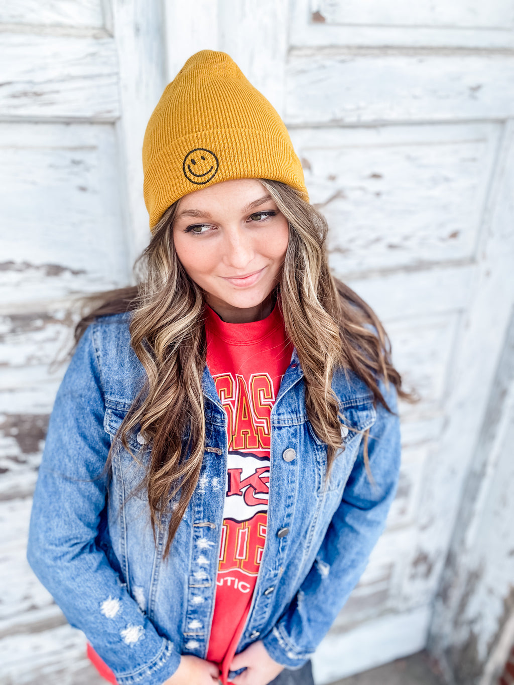 Gold Embroidered Smiley Beanie