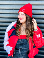 Scarlet Embroidered Smiley Beanie