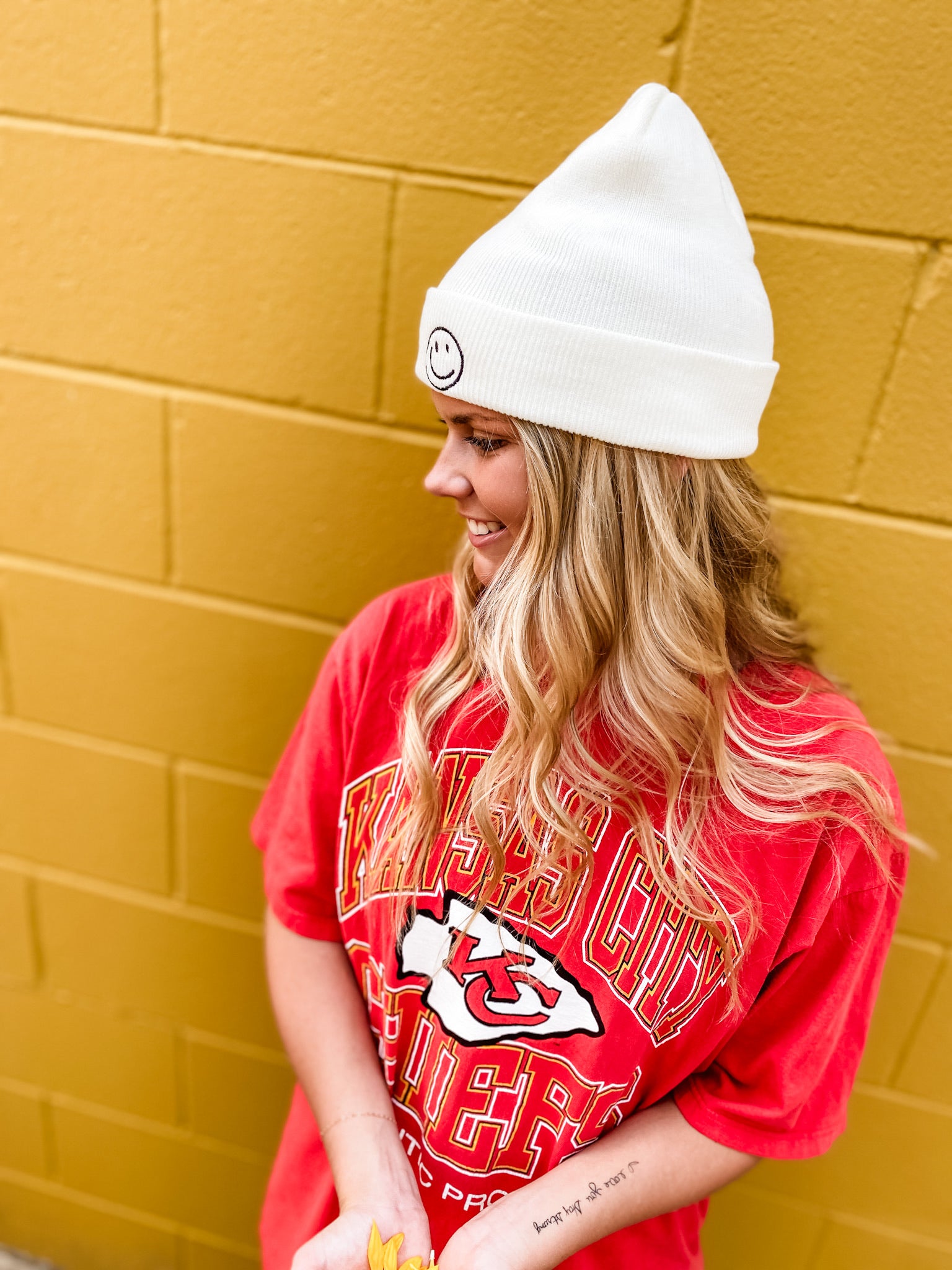 Cream Embroidered Smiley Beanie
