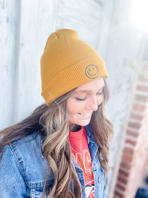 Gold Embroidered Smiley Beanie