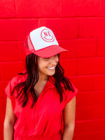 Red & White NE Smiley Trucker Hat