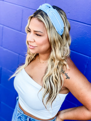Give It A Pearl Structured Headband • Light Or Dark Denim